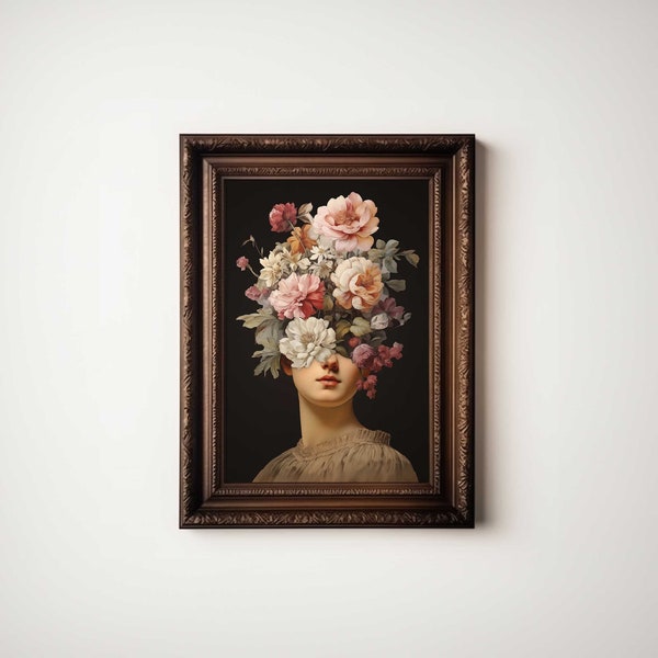 Moody Altered Art Vintage Oil Painting | Flower Face Victorian Lady Printable | Eclectic Wall Art Print | Floral Head Portrait Decor | AA22