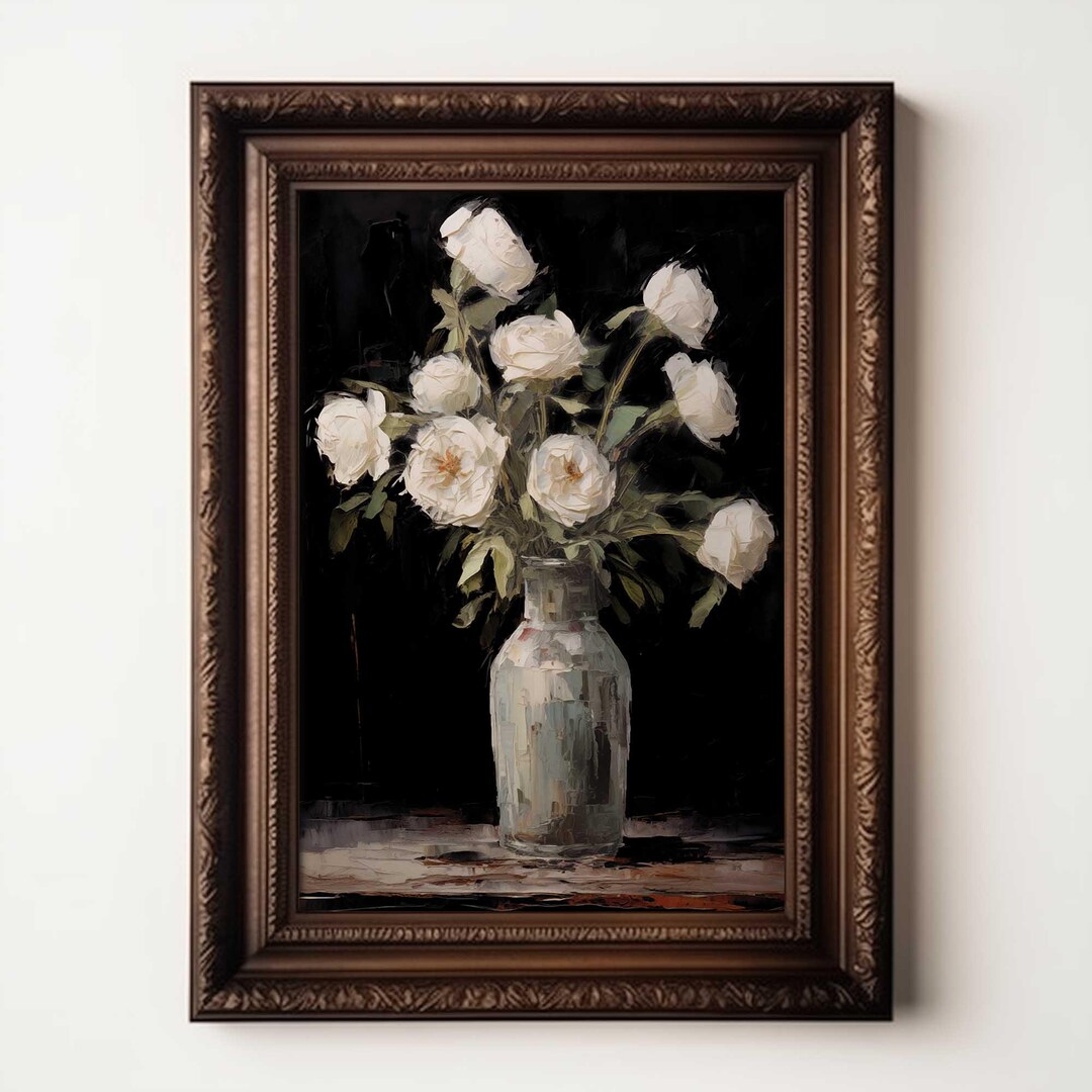 Vintage White Rose Flowers Wall Art Print Moody Floral Decor Flowers in ...