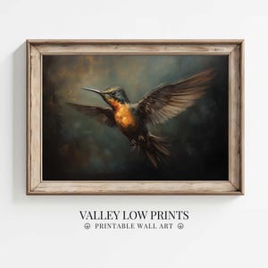 Minimalist Hummingbird Oil Painting | Bird Digital Download Wall Art | Vintage Moody Decor | Rustic Farmhouse Print | Dark Academia | FA20