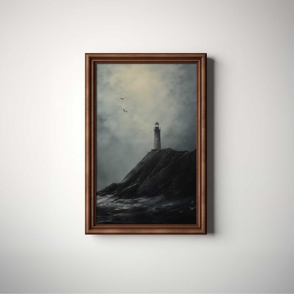 Lighthouse on a Cliff Dark Moody Wall Art Print | Vintage Oil Painting Style Wall Art Decor | Wall Art Digital Download | Lighthouse | LI3