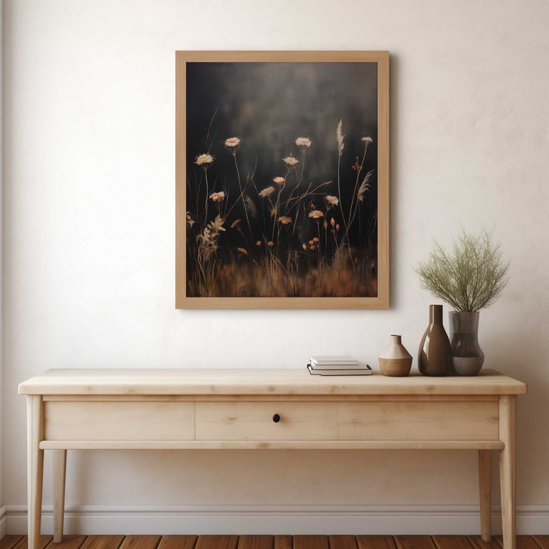 Vintage Moody Oil Painting Style Wall Art | Field of Wildflowers on Dark Background | Minimalist Digital Art | Vintage Art Print | WI4 image 5