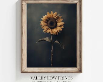 impression d'art mural tournesol vintage Dark Academia | Décoration florale de mauvaise humeur | Art mural tournesol | Tableau tournesol | Peinture vintage | FL6