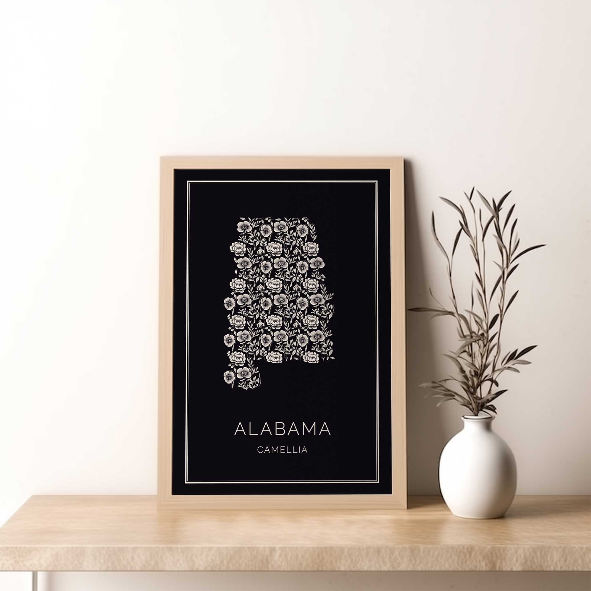 Alabama State Flower Print AL Floral Map Wall Art Camellia Pattern Botanical Poster Moody ... Alabama State Flower Print AL Floral Map Wall Art Camellia Pattern Botanical Poster Moody ...