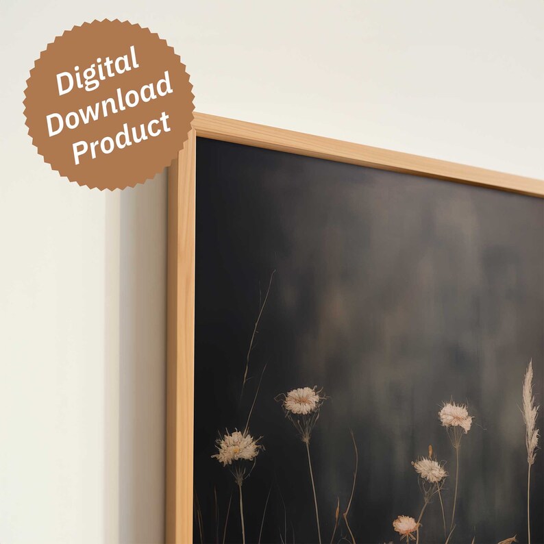 Vintage Moody Oil Painting Style Wall Art | Field of Wildflowers on Dark Background | Minimalist Digital Art | Vintage Art Print | WI4 image 2