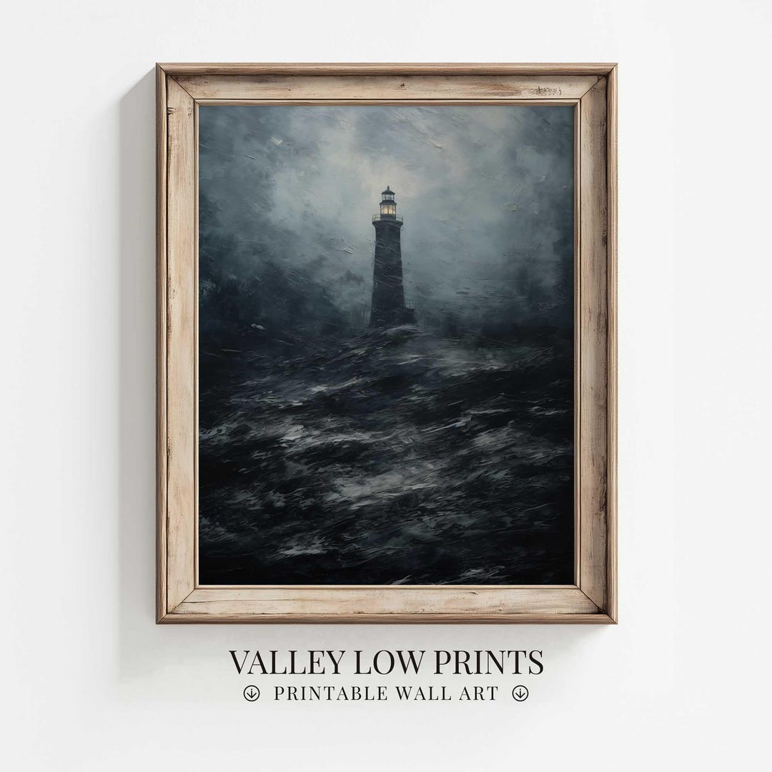 Minimalist Dark Moody Lighthouse Wall Art Print | Vintage Oil Painting ...