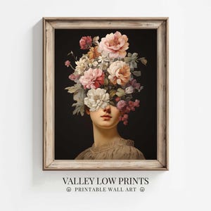 May include: A painting of a woman with a bouquet of pink, white, and purple flowers covering her face. The flowers are arranged in a way that creates a sense of mystery and beauty. The background is a dark, rich color that contrasts with the bright colors of the flowers.