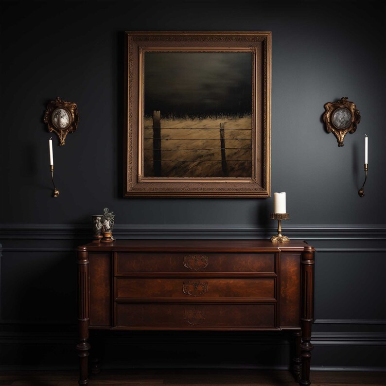 Vintage Oil Painting Style Landscape Wall Art Print Moody Field With