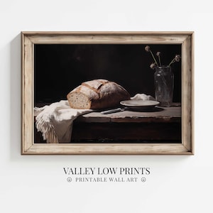 Moody Still Life Oil Painting Digital Download | Antique Sourdough Wall Art Print | Sourdough Bread Printable Art | Kitchen Decor | SL8