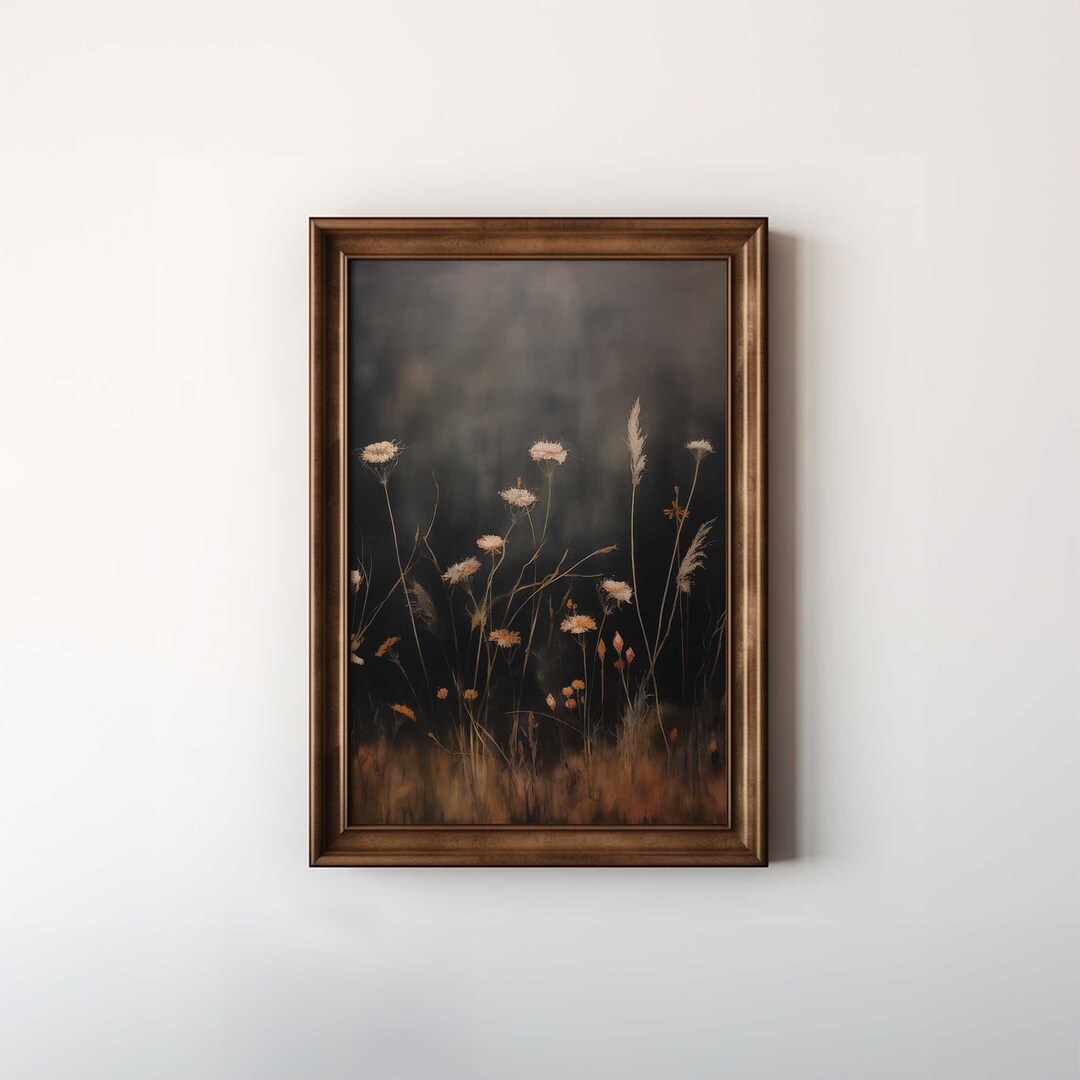 Vintage Moody Oil Painting Style Wall Art Field of Wildflowers on Dark ...