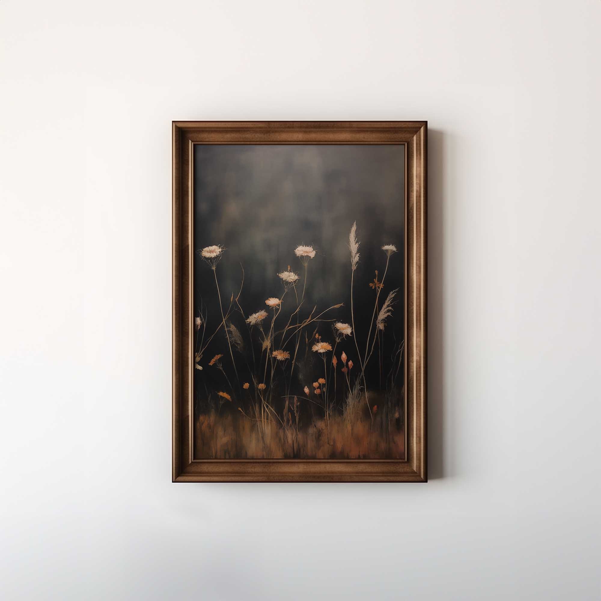 Vintage Moody Oil Painting Style Wall Art Field of Wildflowers on Dark ...