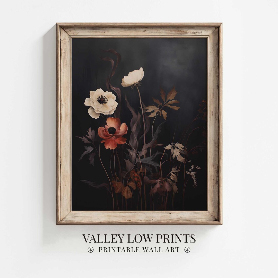 Vintage Moody Floral Wall Art | Botanical Flowers on a Dark Background ...