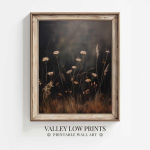 Vintage Moody Oil Painting Style Wall Art | Field of Wildflowers on Dark Background | Minimalist Digital Art | Vintage Art Print | WI4 image 1