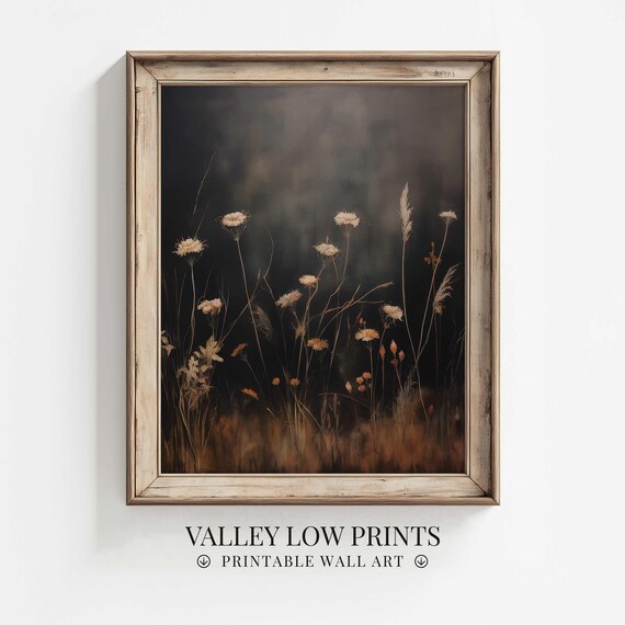 Vintage Moody Oil Painting Style Wall Art | Field of Wildflowers on Dark Background | Minimalist Digital Art | Vintage Art Print | WI4