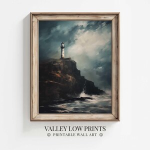 May include: A painting depicting a lighthouse perched on a rugged cliff, with stormy clouds overhead. The lighthouse is white with a black top, standing on a dark brown cliff. The sea is a dark blue, with choppy white waves.