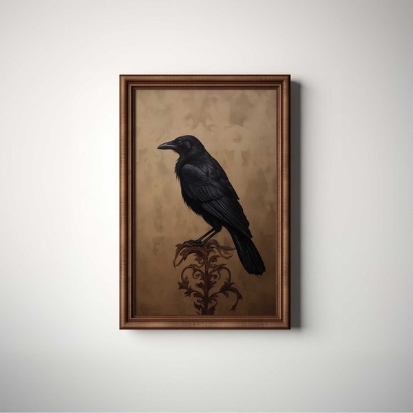 Gothic Oil Painting Style Digital Print of A Raven Perched on a Branch | Moody Dark Academia Crow Painting | Raven Wall Art Printable | FA3