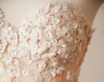 Covered in handmade 3d flowers illusion corset, Flowy tulle skirt wedding dress