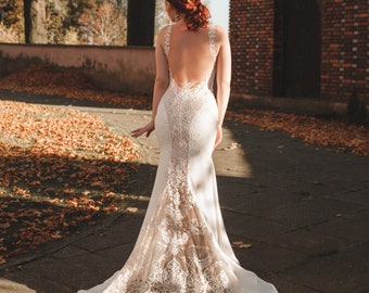 Lace Mermaid Wedding Dress: Illusion Open Back, Crepe Couture Gown
