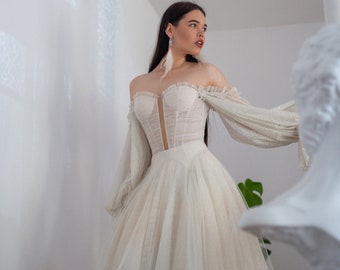 Off-shoulder glitter tulle wedding gown, Ecru A-line bridal dress with transparent corset