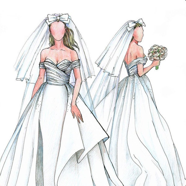 Croquis de mode de mariée, dessin de projet individuel, croquis de robe de mariée personnalisée de créateur