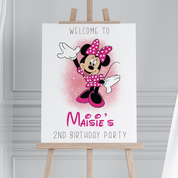 Minnie Mouse Watercolour Style Welcome Sign - Birthday Party Decor - Happy Birthday Signs - A1, A2, A3 or A4 Size - Printed Item