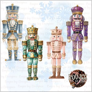 Pode incluir: Quatro figuras de quebra-nozes em aquarela em uniformes azuis, verdes, rosa e roxos com detalhes dourados. Cada quebra-nozes tem um chapéu e uma expressão facial únicos. A imagem tem um tema de feriado de inverno.