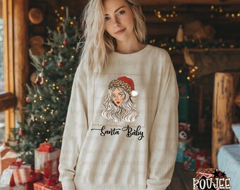 サンタベビーPNG、ブージーガールクリスマス昇華プリント、ホリデースウェットシャツPNG、ヒョウ柄サンタ帽子デザイン、DTF印刷ファイル