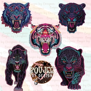 Puede incluir: Parches bordados con diseños de tigre y pantera en colores vibrantes. Los parches muestran costuras detalladas y combinaciones de colores llamativas, incluyendo rosa, azul y morado. Los parches tienen un tema agresivo de tigre rugiente.