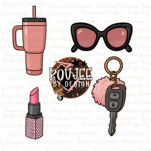 May include: A collection of digital illustrations featuring a pink tumbler with a straw, black cat-eye sunglasses with pink lenses, a lipstick with a pink jeweled case, a keychain with a pink pom-pom, and a car key. The image also includes a circular logo with the text "BOUJEE BY DESIGN".