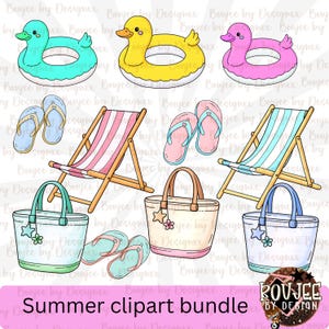 May include: A collection of summer-themed clipart featuring a duck-shaped inflatable ring, beach chairs, flip-flops, and tote bags. The clipart includes the text "Summer clipart bundle" in a pink banner.