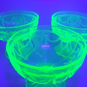 Vintage Green Sherbet Glasses | Set of 3 | Depression Glasses | Uranium Glow | Dessert Glasses | Green Goblet Dish | Collectible Green Glass