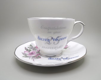 Duchess Teacup and Saucer | Pink Floral Silver Gillian | English Bone China