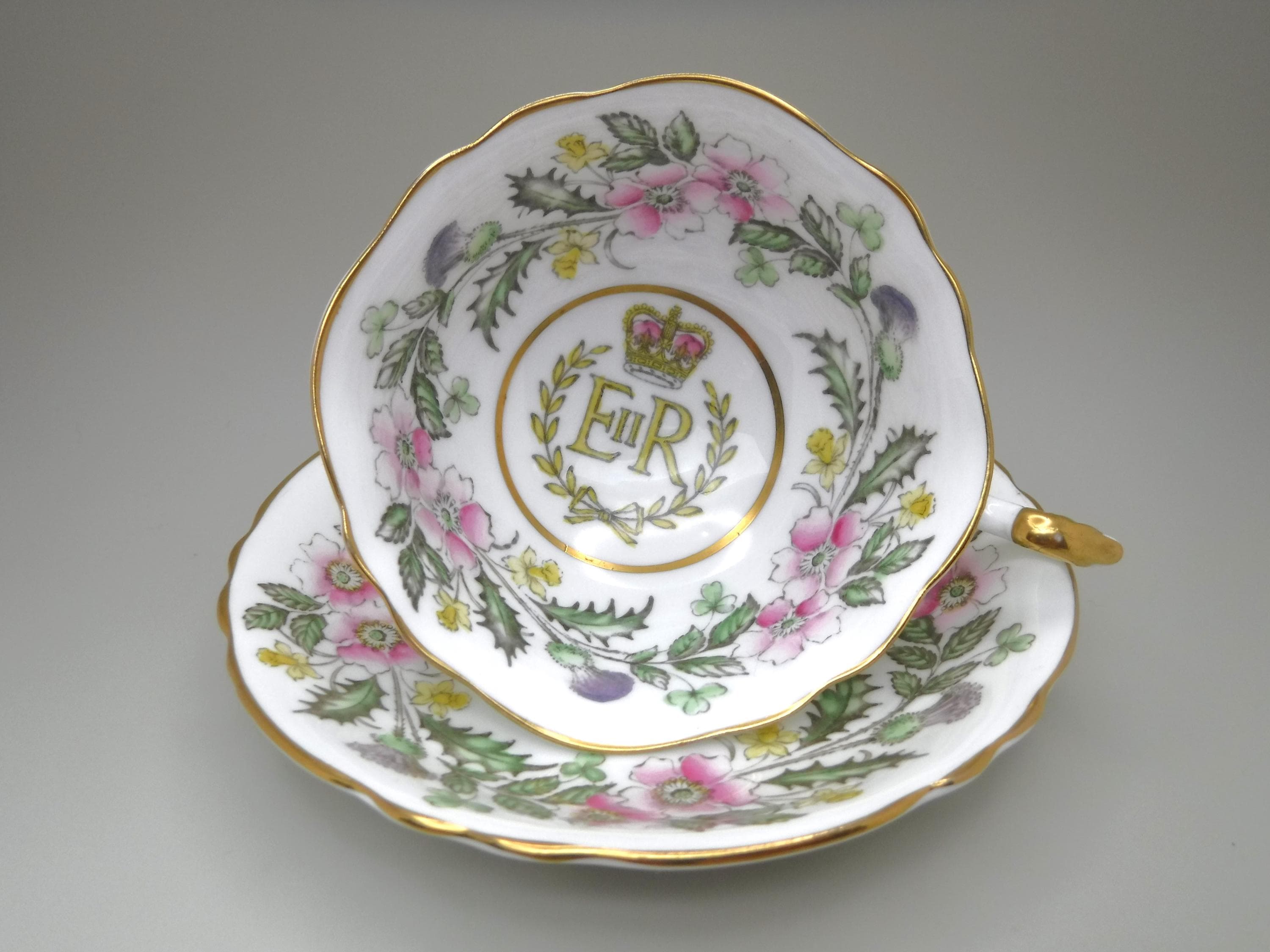 Paragon Vintage Teacup and Saucer | Queen Elizabeth II | Coronation | Roses Thistles | Daffodil Shamrock | Bone China | Royal Double Warrant