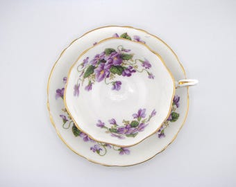 Paragon Teacup and Saucer: Valentine, Purple, Floral, Violets, Royal Single Warrant, English Bone China