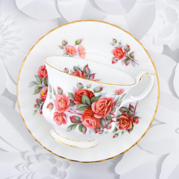 Vintage Royal Albert Centennial Rose Teacup and Saucer: Dark Pink, Gold, English Bone China