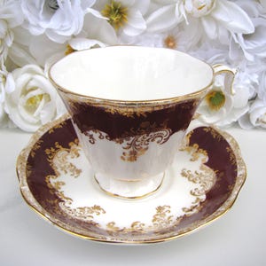 Royal Albert Ruby Red Regina Series Teacup and Saucer: Gold, Vintage English Bone China