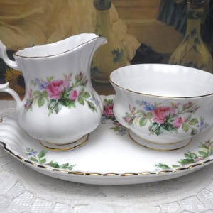 Royal Albert Vintage Creamer and Sugar Bowl with Tray | Moss Rose | Wonderland Teatime | Tea Party | Tea China Gift Set | English Bone China