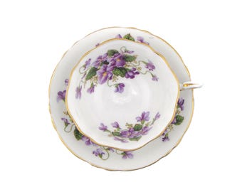 Paragon Teacup and Saucer: Valentine, Purple, Floral, Violets, Royal Single Warrant, English Bone China