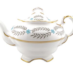Foley Vintage Teapot: Laurel, Blue Floral, Grey Leaves, Gold Trim, English Bone China