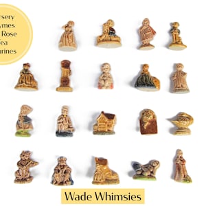 May include: A collection of small, ceramic figurines in various shapes and poses. The figurines are in shades of brown and beige, with some featuring painted details. Text on the image reads "Nursery Rhymes Red Rose Tea Figurines" and "Wade Whimsies".