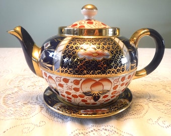 Imari Style Teapot and Stand | Old Rare Victorian Teapot | Blue Gold Amber | Made in England