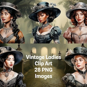 Clipart dames vintage | Thé numérique pour femmes de l'époque victorienne | Lot de cliparts dame | faire-part de thé | Images pour travaux manuels | Carnet de notes