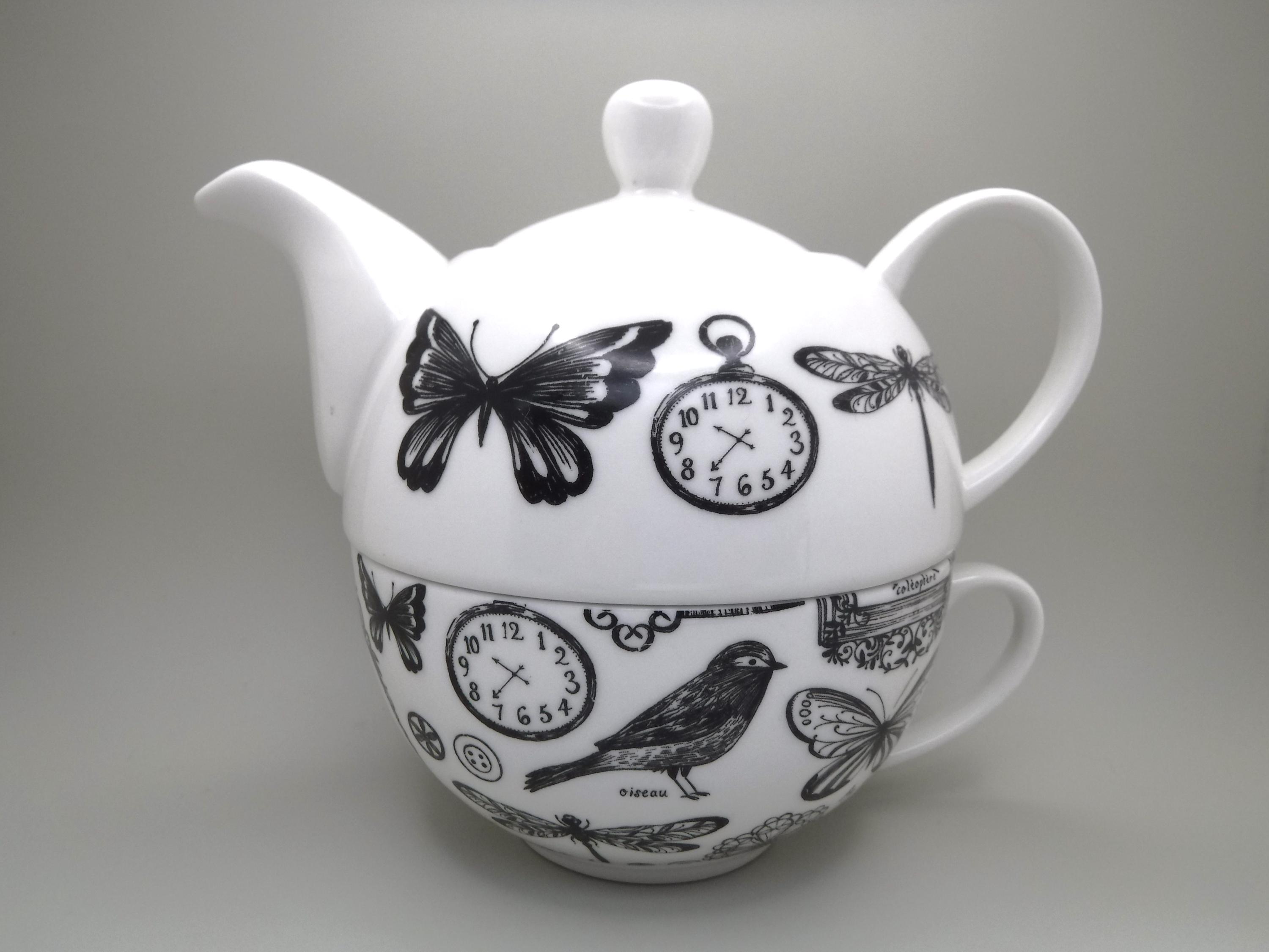 English Table Vintage One Person Teapot and Cup | Butterflies | Bird | Insect Teapot | Black Feather | Keys | Unique Black and White Teapot