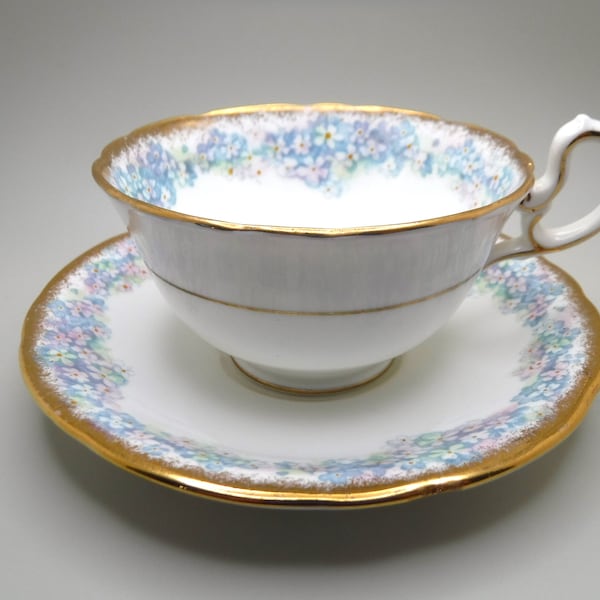 Aynsley Teacup and Saucer | Blue Pink Green Floral | English Bone China