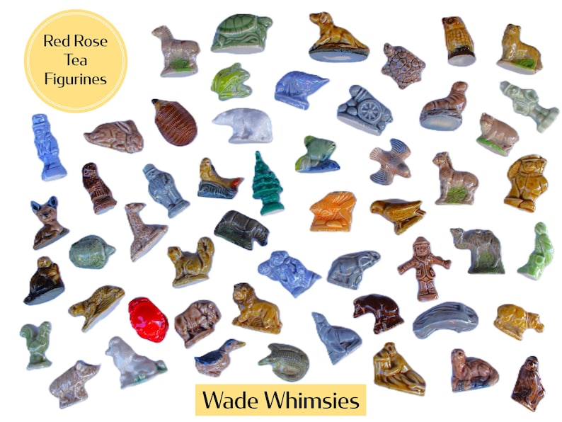 Wade Whimsies vintage miniature Red Rose tea figurines made in Staffordshire, England by Wade Ceramics. Featuring mini porcelain animals and various characters introduced as a promotion inside boxes of Red Rose Tea. Launched in 1954 throughout the UK with later launches in Canada and USA. Sizes are approximately 1-2 inches high. These whimsical, nostalgic figurines are in good vintage condition and highly collectible.