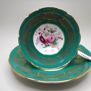 Foley Vintage Teacup and Saucer | Green Floral | English Bone China | Elegant Tea Party | Tea Lover | Unique Wedding Gift | Afternoon Tea