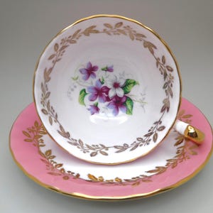 Aynsley Vintage Bone China Teacup and Saucer: Pink, Gold, Lilac Floral