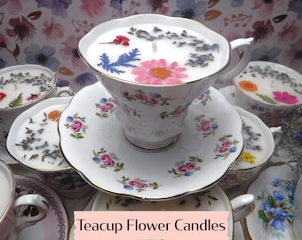 Vintage Teacup Candle with Dried Flowers: Soy Wax Bone China