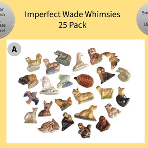 Wade Whimsies vintage miniature Red Rose tea figurines made in Staffordshire, England by Wade Ceramics. Featuring mini porcelain animals and various characters introduced as a promotion inside boxes of Red Rose Tea. Launched in 1954 throughout the UK with later launches in Canada and USA. Sizes are approximately 1-2 inches high. These whimsical, nostalgic figurines are in good vintage condition and highly collectible.