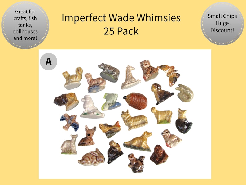 Wade Whimsies vintage miniature Red Rose tea figurines made in Staffordshire, England by Wade Ceramics. Featuring mini porcelain animals and various characters introduced as a promotion inside boxes of Red Rose Tea. Launched in 1954 throughout the UK with later launches in Canada and USA. Sizes are approximately 1-2 inches high. These whimsical, nostalgic figurines are in good vintage condition and highly collectible.