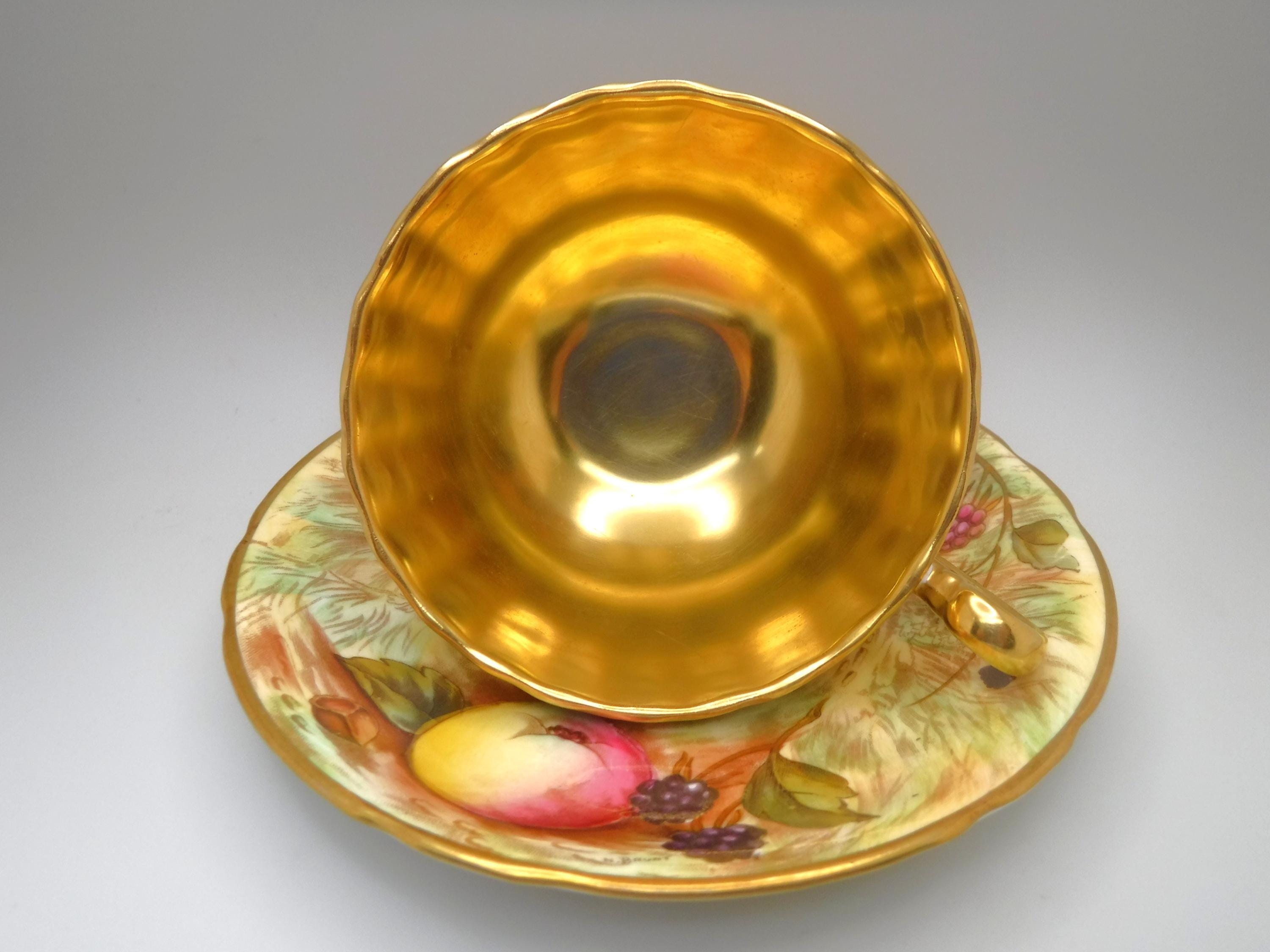 Aynsley Orchard Gold Teacup & Saucer Set: Signed N Brunt, Vintage